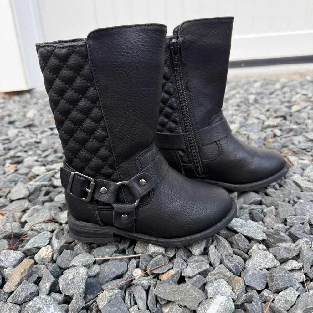 Wonder Nation Toddler Girls Black Quilted Harness Biker Boots Size 7